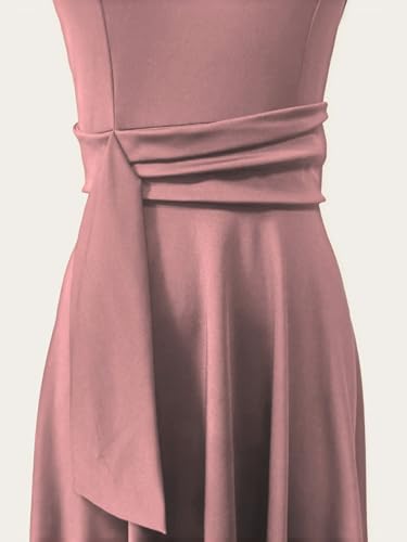 Image of FENJAR Women's Elegance Audrey Hepburn Style Ruched Dress Round Neck Sleeveless Swing Midi A-line Dresses (US, Alpha, Medium, Regular, Regular, AA-Pink)