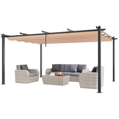 VEVOR 12'x16' Outdoor Retractable Pergola with Canopy, Aluminum Pergola with Retractable Canopy, Modern Style, Sun Shade for Patios, Gardens, Decks, Backyards (Beige)