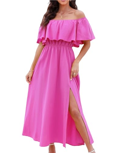 Image of CUPSHE Women Ruffle Floral Maxi Summer Dress Off Shoulder Short Sleeve Backless Flounce Bodice Slit Hem Beach Dresses