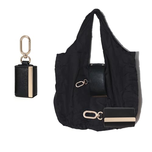 Novum Caelum Foldable Shopping Bag Keychain - Mini Portable Tote Bag for Groceries Expandable into Reusable Handbag Emergency Gift for Women Travel (Black)