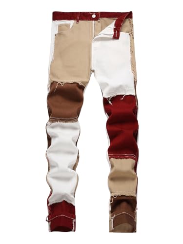 WDIRARA Men's Color Block Cowboy Pants Straight Leg Jeans Distressed Frayed Denim Pant