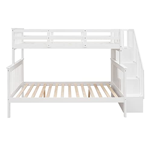Biadnbz Twin Over Full Bunk Bed With Storage Staircase And Full-Length Guardrails, Solid Wood Stairway Bunkbeds For Kids Teens Adults Bedroom, Dorm, White #TOP2