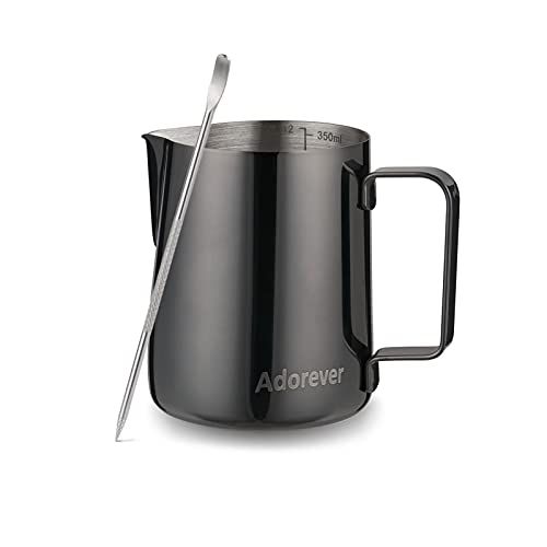 Image of Milk Frothing Pitcher, 350ml (12oz) Steaming Pitchers Stainless Steel Milk Coffee Cappuccino Latte Art Barista Steam Pitchers Milk Jug Cup with Decorating Art Pen, Bright Black