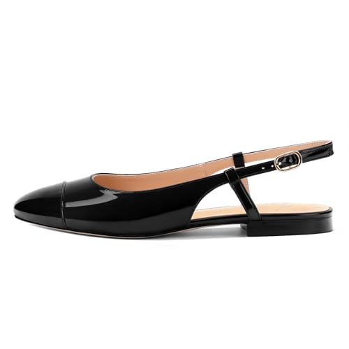 Women's Slingback Flats, Patent Leather Round Toe Ballet Flat Casual Flat Work Shoes, Low Heel Sandals Classic Dress Shoes with Buckle2
