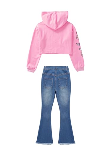 easyforever Kids Girls Butterfly Printed Hoodie Sweatshirts with Wide Leg Flare Jeans Ripped Bell Bottom Denim Pants4