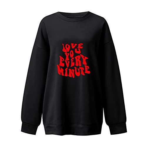 Miashui Casual Cotton Round Neck Solid Sweatshirt Womens Casual Hoodless Sweatshirt Valentine's Day Long Sleeve For Lovers Black #TOP1
