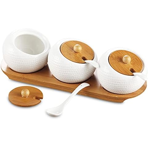 MIATTCLD 3 Pcs Porcelain Condiment Jar Set, Spice Jars with Bamboo Cap and Ceramic Serving Spoon, Wooden Tray, Used to Store Sugar, Spices, Coffee, Tea, 170 ML (5.8 OZ) Cover