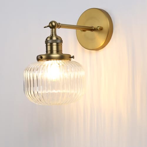 Pathson Vintage Industriel Applique Murale E27 Luminaires Intérieur Abat-jour en Verre Côtelé Ø16CM Lampe Murale pour Salon,Cuisine, Salle de bain,Miroir...