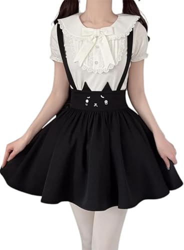 Pokn Y2K Lolita Sets Jirai Kei Fashion Lolita Style Short Sleeve Bow Shirts Cute Mini Skirts Kawaii Skirt Set Cutecore (Black,M,Medium)