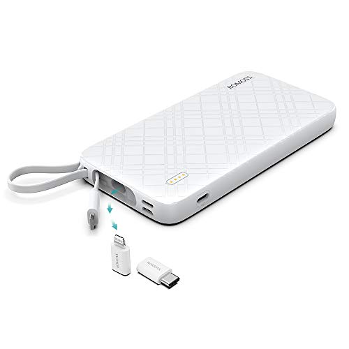 ROMOSS 10000mAh Portable Charger with Built-in Cable, 3 Input & 3 Output Power Bank with Type-C Adapter Compatible for iPhone 11, iPhone Xs, iPhone 8, iPhone 7, S20