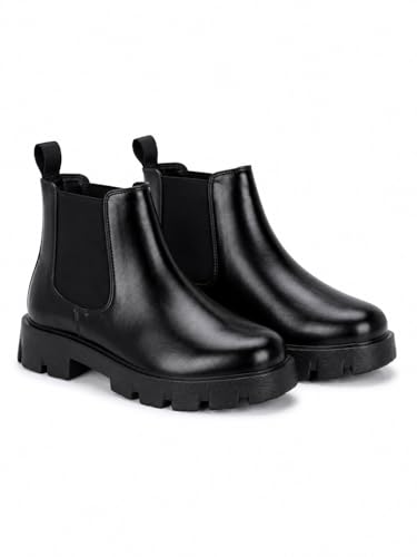 Image of HiREL'S Premium PU Chelsea Boots for Men, Black, Chunky Lug Sole, Arch Support, Slip-Resistance, Height Increasing