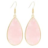 BaubleStar Natural Crystal Healing Birth Stone Statement Drop Earrings for Women Teardrop Rose Quartz Dangle Fashion Jewelry 14K Gold Plated