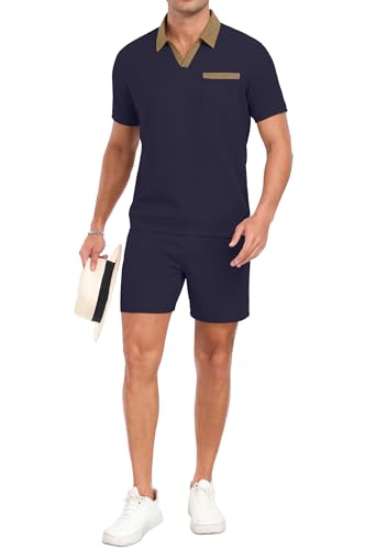 PrinStory Men's Summer Track Suits Waffle Knit Polo Shirt and Shorts Set Casual 2 Pieces Outfits with Pockets4