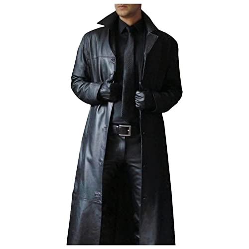 Men's Long Cardigan Coat Button Solid Color Jacket Leather Windbreaker Long Sleeve Coat Warm Men Anorak (Black, Xxl) #TOP2