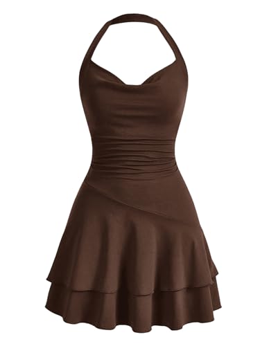 SOLY HUX Cute Halter Mini Dresses for Women Summer Sexy Club Party Backless Short Sundress Chocolate Brown Medium