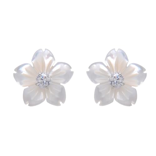 Carved Mother of Pearl Shell Flower Sterling Silver Studs Earrings for Women, Clear CZ