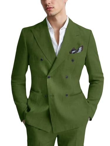 Men's Linen Suit 2 Piece Double Breasted Suits for Men Slim Fit Tuxedos Suits Set for Wedding Prom