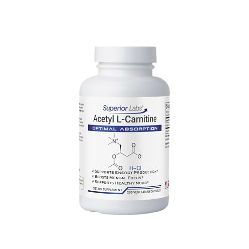 Superior Labs Acetyl L-Carnitine 500 mg, High Potency ALCAR, Pure Non-GMO, Zero Synthetic Additives, Maximum Absorption, Energy & Fat Metabolism, Brain, Nerve & Cellular Detox Support, 200 Veg Caps