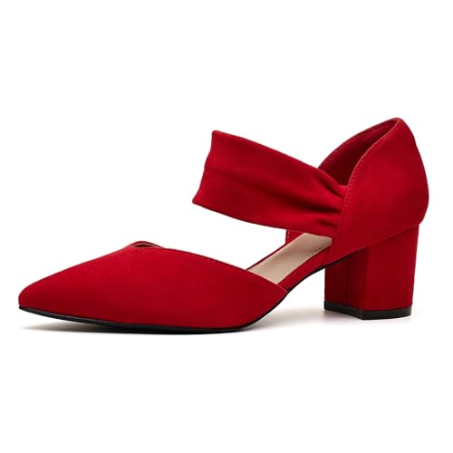 Women's Pumps Closed Toe Low Chunky Heels Dress Shoes for Women Comfortable Dressy Party Wedding Bridal Shoes Red Size 8 Wide Width