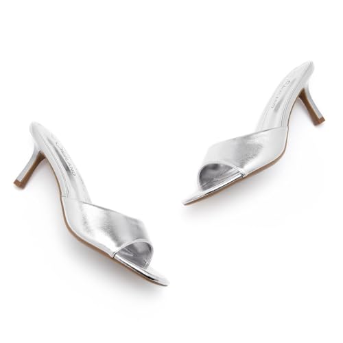 Image of Shoe Land Women's Low Heels Stiletto Heeled Slides, Open Toe One Band Slip-On Heeled Mules - Dressy Heeled Sandals for Prom, Party Wedding and Vacation
