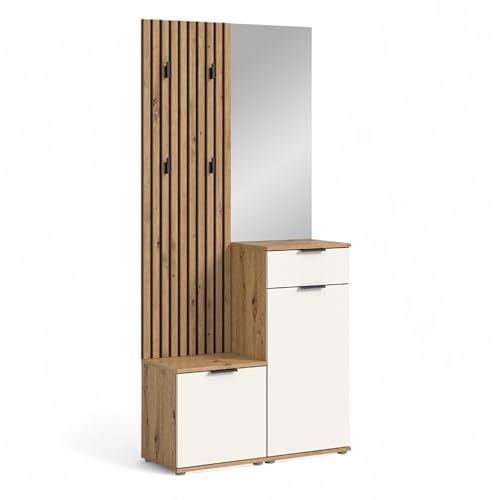 Simple Flurgarderoben Set in Artisan Eiche Optik, Weiß - Moderne Kompaktgarderobe mit Spiegel für Ihren Eingangsbereich - 88 x 195 x 35 cm (B/H/T)