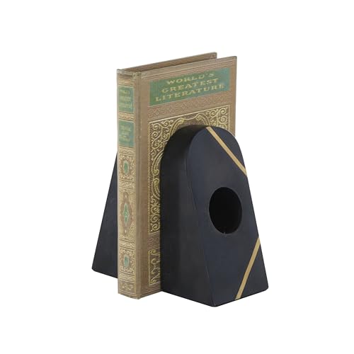 Deco 79 Marble Geometric Decorative Bookends Curved Pyramid Non Skid Bookends with Diagonal Gold Stripes, Set of 2 Office Bookends3 W, 6\" H, Black