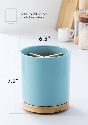 Image of LoeJan 3 Compartment Utensil Holder, Extra Large Utensil Crock, Stable Ceramic Utensil Organizer, Cooking Tool Organizer Set for Kitchen Counter Farmhouse Decor, Turquoise