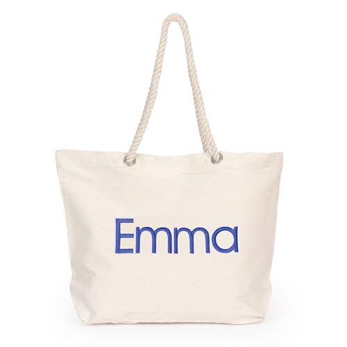 Wanapix | Pack Personalizado Bolsa de Playa + Fouta | Color Azul | Tu Nombre Bordado en los 2 Productos | Bolso de Algodón con Asa de Cuerdas Marineras | Fouta-Toalla con Flecos para Tumbarse