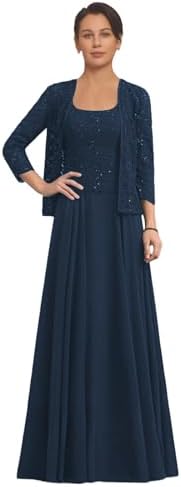 2 Piece Long Mother of The Bride Dress for Women 3/4 Sleeve Chiff...