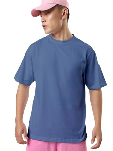 Image of crazymonk Oversized Baggy Fit Drop Shoulder Half Sleeves Round Neck Solid Pure Cotton T-Shirt for Men
