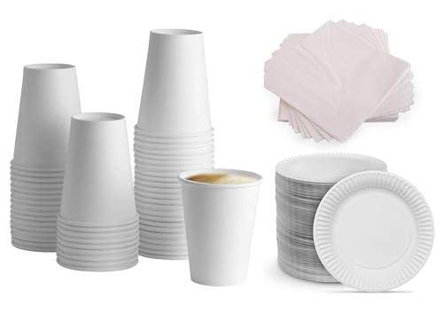 HOT BARGAINS 7oz Single Wall Paper Cups with Napkins and Plates, White, 100 Cups + 100 Napkins + 100 9-Inch Plates