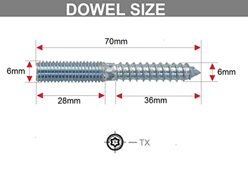 TERF® M6 (6mm) X 70mm Wood to Metal Screw Dowels Hanger Double Headed Bolts Dowel For Woodworking Connector Joining Furniture Legs Professional Carpenters DIY and Craft Projects - Pack of 8