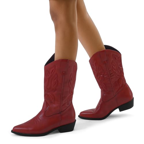 Image of mysoft Cowboy Boots For Women - Western Cowgirl Boots Mid Calf Chunky Heel Booties Pointed Toe Country Shoes