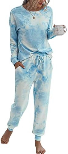 PRETTYGARDEN Women's Tie Dye Two Piece Pajamas Set Casual Long Sleeve Sweatshirt with Long Pants Loungewear (Blue,Large)