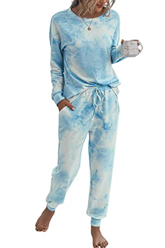 Prettygarden Women's Tie Dye Two Piece Pajamas Set Casual Long Sleeve Sweatshirt With Long Pants Loungewear (Blue,Large) #TOP2