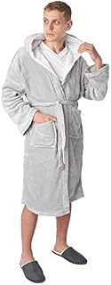 Sienna Long Dressing Gown with Hood for Men Fluffy Sherpa Lined Luxury Super Soft Flannel Fleece Comfy Hoodie Cosy Bathrobe - Silver