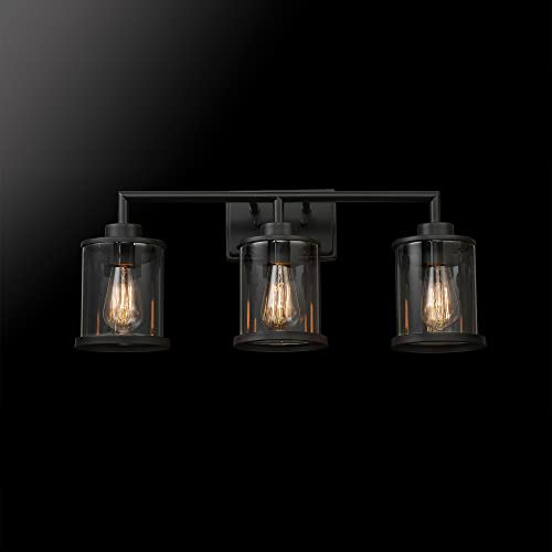 Globe Electric 52059 5-Piece All-In-One Bathroom Set, Matte Black, 3-Light Vanity Light With Clear Glass Shades, Towel Bar, Toilet Paper Holder, Towel Ring, Robe Hook, Bathroom Lights Over Mirror #TOP1
