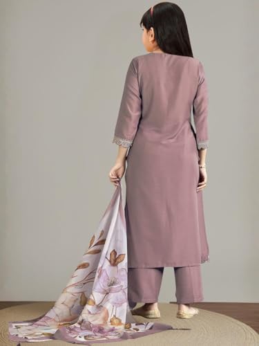 Image of Girls Ethnic Embroidered Silk Kurta Pant and Jacquard Dupatta Set | Kids Salwar Suit | three piece Traditional Outfit