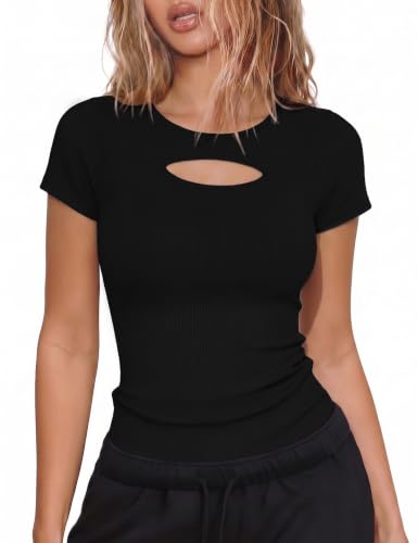 Aottori Damen Tshirt Rundhals Elegant Oberteile Gerippt Elastisch T-Shirt Kurzarm Slim Fit Shirts Cut Out Casual Basic Tops Schwarz M