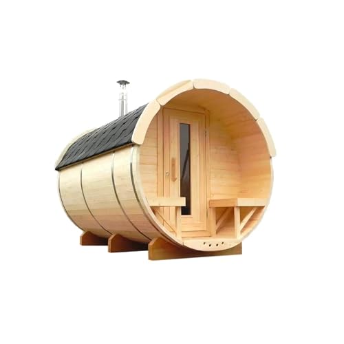 ZONEMEL Steam Sauna Room with Wood Burning Stove, Canadian Hemlock Outdoor Barrel Sauna with Porch, Asphalt Shingle Roof, 3-4 Person, 8mm Tempered Glass