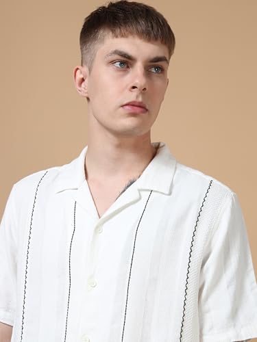 Image of StitchX Men's Half Sleeve Textured Cotton Contrast Stitch Detail Shirt