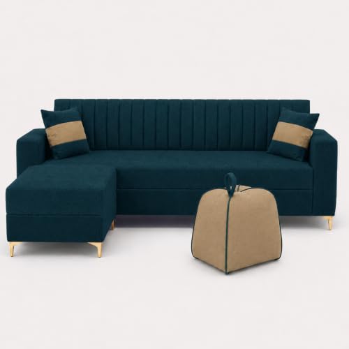 Image of FURNY Signature Regalia 4-Seater L-Shape Sofa Set with Movable Ottoman & Accent Suri Pouf | Flexible LHS /RHS Layout | Boston Fabric | 40D Foam + Zigzag Spring | 3-Yr Warranty (Peacock Green, Beige)