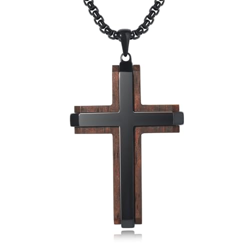 Wooden Cross Necklace for Men, Real Ebony Mens Cross Necklaces Black Stainless Steel Christian Wood Crucifix Pendant, with Necklace 24