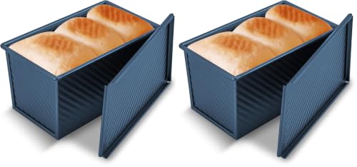 Image of KITESSENSU Pullman Loaf Pan with Lid, 1 lb Dough Capacity Non-Stick Bakeware for Baking Bread, Carbon Steel Corrugated Bread Toast Box Mold with Cover,Blue (Pack of 2)