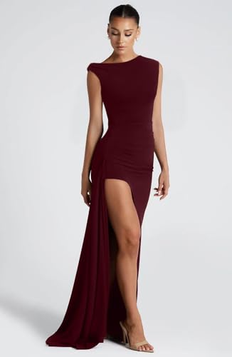 Image of Memoriesea Women's Elegant Off Shoulder Ruched High Split Wedding Party Maxi Dress Burgundy
