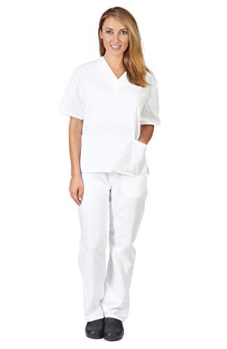 Natural Uniforms Women Scrub Set Medical Scrub Top and Pants, White, Medium