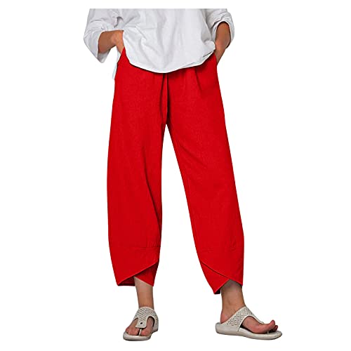 Image of Womens Cotton Linen Capri Pants Casual Elastic Printed Ankle Pants | Cotton Linen Capri Pants for Women 2025 Casual Printed Cropped Palazzo Pants Elastic Waist Lounge Baggy Trousers