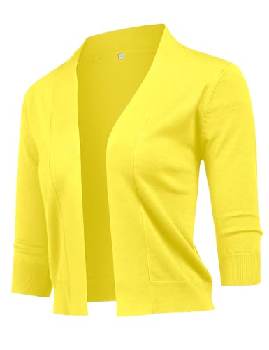 Image of URRU Women's Classic 3 /4 Sleeve Open Front Cropped Cardigan Sweater Lightweight Knit Short Shrugs
