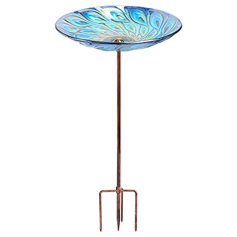 MUMTOP Glass Bird Bath, Garden Outdoor Birdbaths Birdfeeder with Metal Stake Peacock Cover