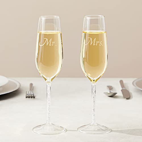 Set van 2 champagnefluitglazen voor bruiloft, Mr en Mrs Bride, roosteren, gegraveerde fluitpaar, glazen set, 4,5 x 7 x 24 cm - Afbeelding 6